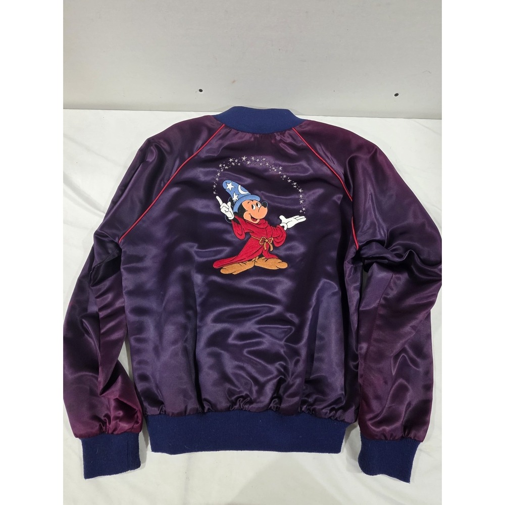 Vintage 80s Disney Fantasia Maroon Satin Bomber Jacket Mickey Mouse Sorcerer M